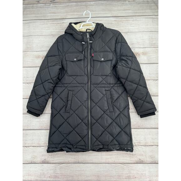 Levis Soft Sherpa Lined Hood Diamond Quilted Parka Jacket Womens XL Black - Picture 1 of 16